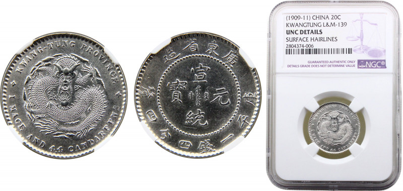 China KwangtungProvince 20 Cents 1909 -1911 NGC UNC Xuantong Silver 5.5g Y# 205...