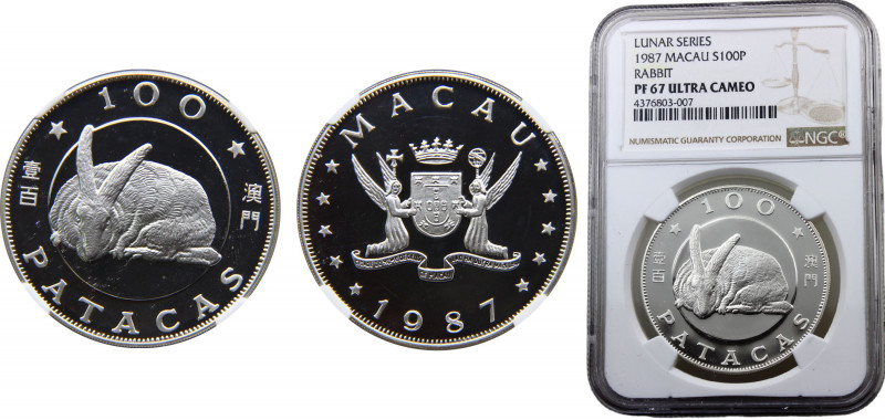 China Macau 100 Patacas 1987 (Mintage 5000) NGC PF67 Year of the Rabbit Silver 2...