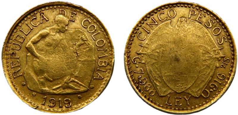 Colombia Republic 5 Pesos 1919 Gold 7.91g KM# 195.1