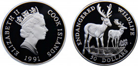 Cook Islands Dependency of New Zealand Elizabeth II 50 Dollars 1991 (Mintage 25000) Endangered Wildlife, Fallow Deer Silver 19.56g KM# 126