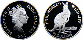 Cook Islands Dependency of New Zealand Elizabeth II 50 Dollars 1991 (Mintage 25000) Endangered Wildlife, Kangaroo Silver 19.22g KM# 124