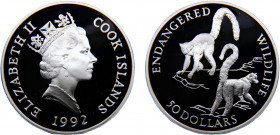 Cook Islands Dependency of New Zealand Elizabeth II 50 Dollars 1992 (Mintage 25000) Endangered Wildlife, Ring-tailed lemurs Silver 19.36g KM# 262