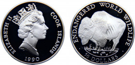 Cook Islands Dependency of New Zealand Elizabeth II 50 Dollars 1990 PM Pobjoy mint(Mintage 25600) Endangered Wildlife, Buffalo Silver 19.81g KM# 58