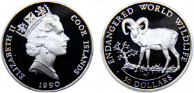 Cook Islands Dependency of New Zealand Elizabeth II 50 Dollars 1990 PM Pobjoy mint(Mintage 25000) Endangered Wildlife, Bighorn sheep Silver 19.64g KM#...