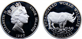 Cook Islands Dependency of New Zealand Elizabeth II 50 Dollars 1990 PM Pobjoy mint(Mintage 25000) Endangered Wildlife, Rhinoceros Silver 19.3g KM# 55...