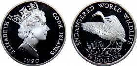 Cook Islands Dependency of New Zealand Elizabeth II 50 Dollars 1990 PM Pobjoy mint Endangered Wildlife, Whooping crane Silver 19.85g KM# 117