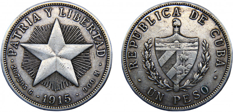 Cuba First Republic 1 Peso 1915 Philadelphia mint Silver 26.52g KM# 15.1