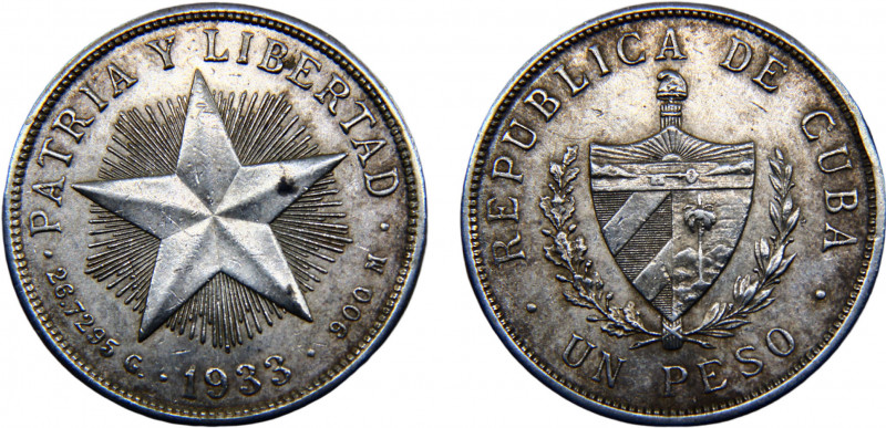 Cuba First Republic 1 Peso 1933 Philadelphia mint Silver 26.71g KM# 15.2