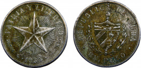 Cuba First Republic 1 Peso 1934 Philadelphia mint Silver 26.77g KM# 15.2