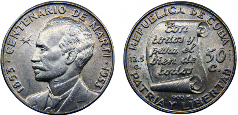 Cuba First Republic 50 Centavos 1953 Philadelphia mint 100th Anniversary of José...