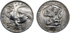 Czechoslovakia Socialist Republic 25 Korun 1965 20th Anniversary, Czechoslovakian Liberation Silver 16.09g KM# 59