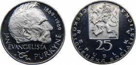 Czechoslovakia Socialist Republic 25 Korun 1969 (Mintage 5000) 100th Anniversary of Death of J. E. Purkyne Silver 16.09g KM# 66