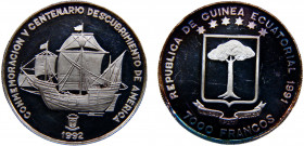 Equatorial Guinea Republic 7000 Francos CFA 1991 Discovery of America Silver 19.78g KM# 69