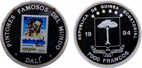 Equatorial Guinea Republic 7000 Francos CFA 1994 South African mint World´s Famous Stamps, Salvador Dali Silver 20.29g KM# 113