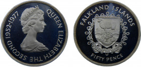 Falkland Islands British colony Elizabeth II 50 Pence 1977 (Mintage 25000) 25th Anniversary of the Accession of Queen Elizabeth II Silver 28.35g KM# 1...