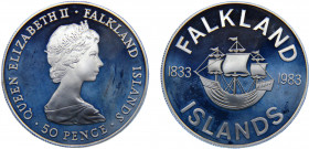 Falkland Islands British colony Elizabeth II 50 Pence 1983 (Mintage 10000) 150th Anniversary of British Rule Silver 28.03g KM# 19a