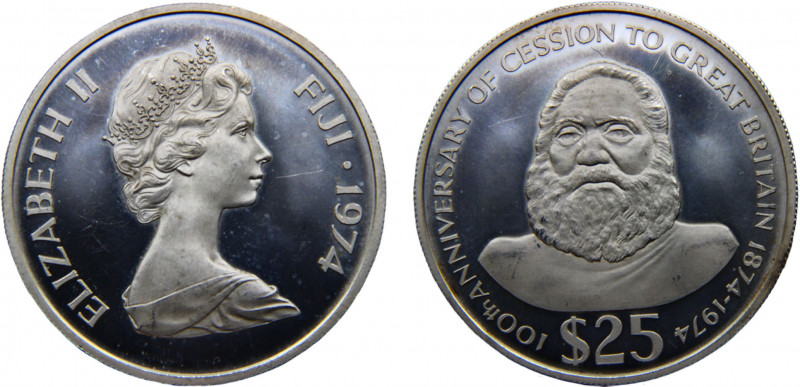 Fiji Republic Elizabeth II 25 Dollars 1974 (Mintage 8299) 100th Anniversary of t...