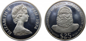 Fiji Republic Elizabeth II 25 Dollars 1974 (Mintage 8299) 100th Anniversary of the Cession to Great Britain Silver 48.51g KM# 34