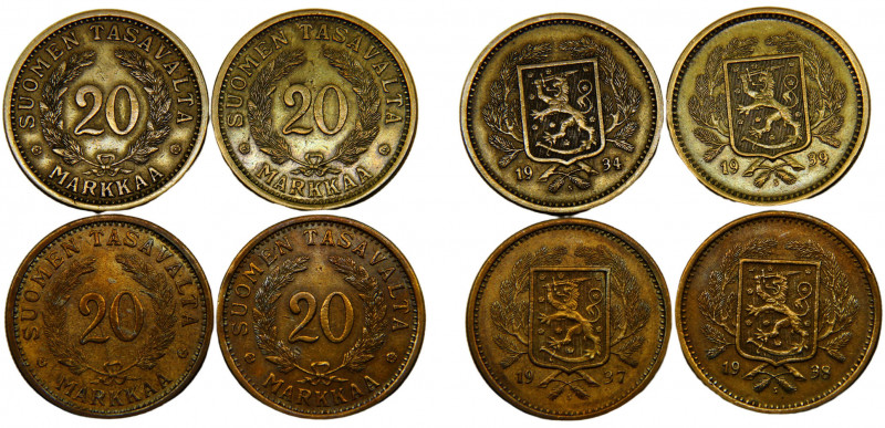 Finland Republic 20 Markkaa 1934-1939 S Helsinki mint 4 Lots Aluminium-bronze KM...