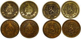 Finland Republic 20 Markkaa 1934-1939 S Helsinki mint 4 Lots Aluminium-bronze KM# 32