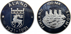 Finland Republic 100 Markkaa 1991 P M (Mintage 700) 70th Anniversary of Autonomy of Aland Silver 24.32g KM# 70