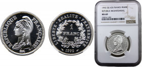 France Fifth Republic 1 Franc 1992 (Mintage 30000) Top Pop NGC PF69 First French Republic Silver 15.55g KM# 1005