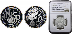 France Fifth Republic 5 Francs 1995 (Mintage 11674) NGC PF69 United Nations Silver 12g KM# 1118