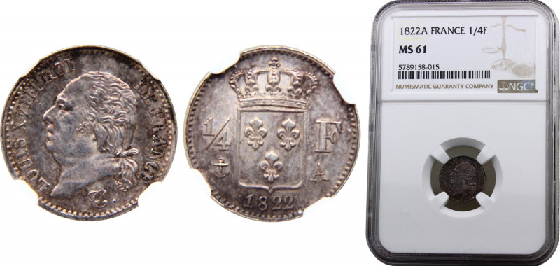 France Louis XVIII 1/4 Franc 1822 A (Mintage 35840) NGC MS61 Silver 1.25g KM# 71...