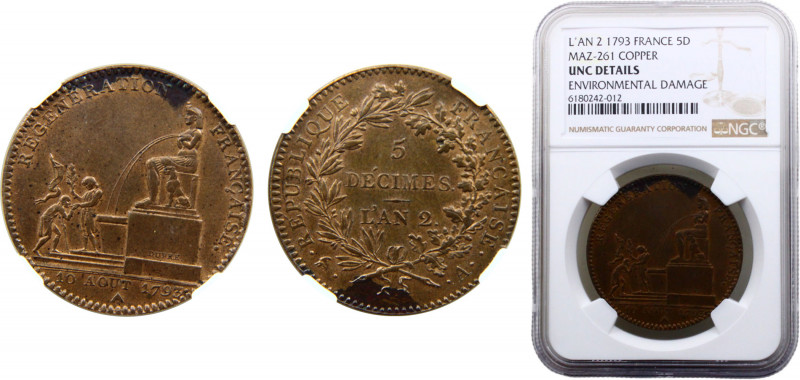 France First Republic 5 Decimes 2 (1793) A (Mintage 154278) NGC UNC Copper 25g F...