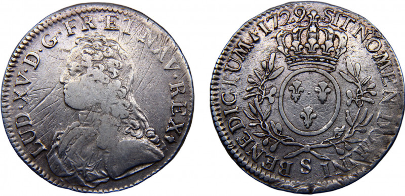 France Kingdom Louis XV 1 Ecu 1729 S Reims mint Silver 29.19g KM#486.19