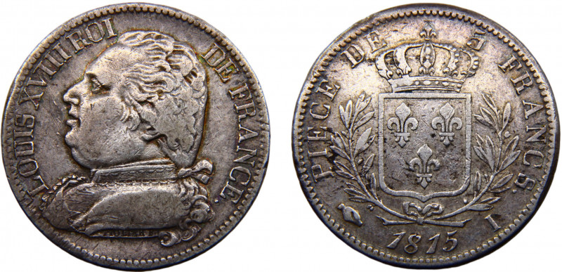 France Kingdom Louis XVIII 5 Francs 1815 I Limoges mint dressed bust Silver 24.9...