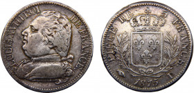 France Kingdom Louis XVIII 5 Francs 1815 I Limoges mint dressed bust Silver 24.9g KM# 702.6