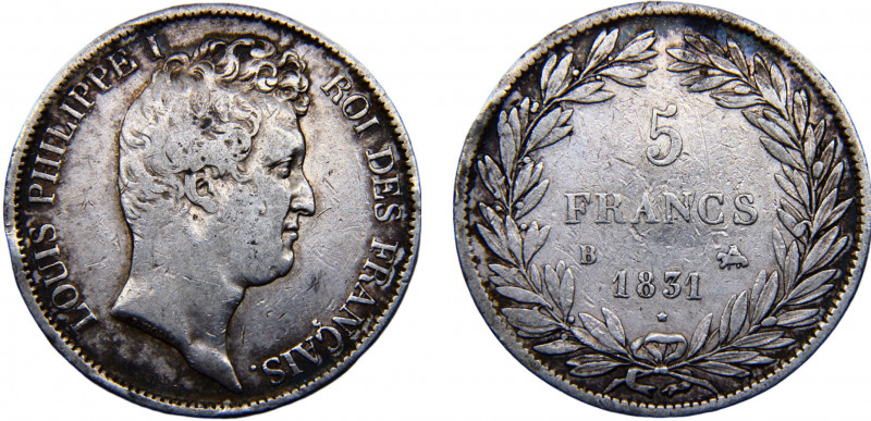 France Kingdom Louis Philippe I 5 Francs 1831 B Rouen mint Silver 24.49g KM#736....