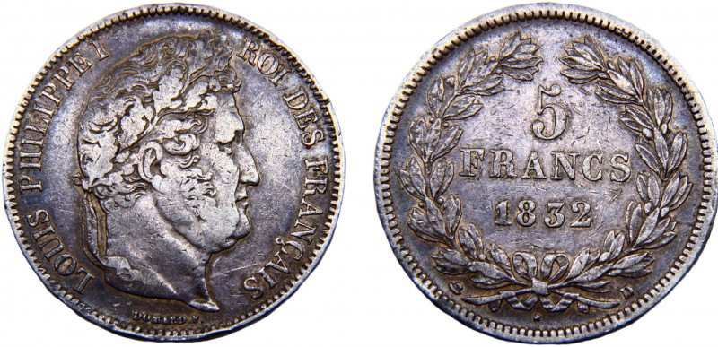 France Kingdom Louis Philippe I 5 Francs 1832 D Lyon mint Silver 24.81g KM#749.4