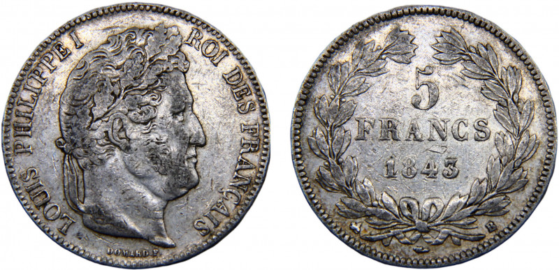 France Kingdom Louis Philippe I 5 Francs 1843 B Rouen mint Silver 24.84g KM#749....