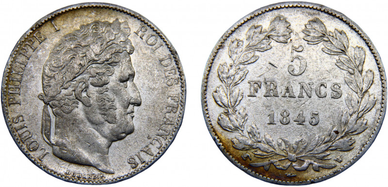 France Kingdom Louis Philippe I 5 Francs 1845 W Lille mint Silver 24.73g KM#749....