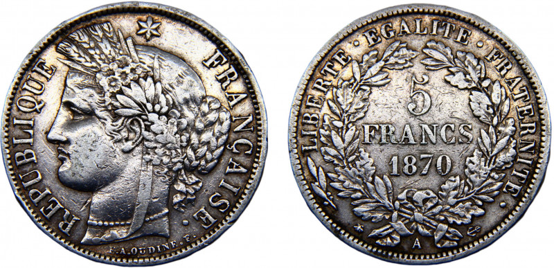 France Third Republic 5 Francs 1870 A Paris mint Ceres Silver 24.79g KM# 818.1