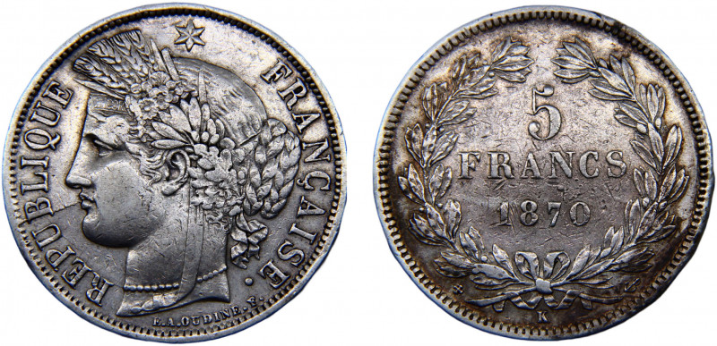 France Third Republic 5 Francs 1870 K Bordeaux mint Ceres Silver 24.85g KM# 818....