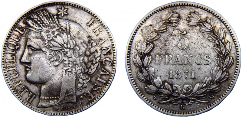 France Third Republic 5 Francs 1871 K Bordeaux mint Ceres Silver 24.92g KM# 818....