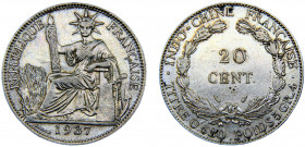 French Indochina French colony 20 Centimes 1937 Paris mint Third Republic Silver 5.37g KM#17.2