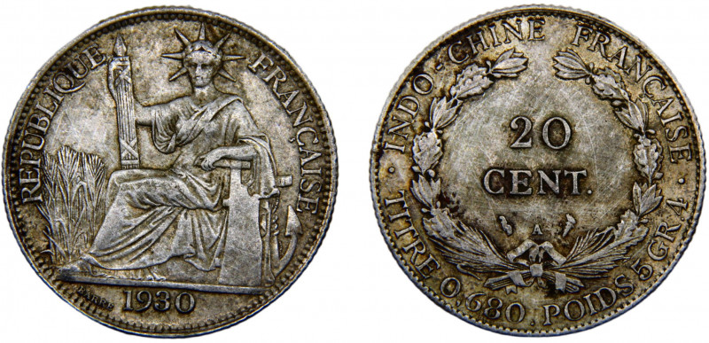 French Indochina French colony 20 Centimes 1930 A Paris mint Third Republic Silv...