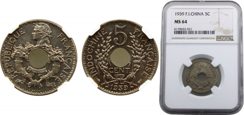 FrenchIndochina Third Republic 5 Centimes 1939 Mint Paris NGC MS64 Thin planchet...