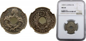 FrenchIndochina Third Republic 5 Centimes 1939 Mint Paris NGC MS64 Thin planchet Nickel brass 4g KM# 18.1a