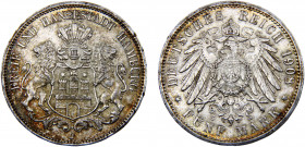 Germany Second Empire Free Hanseatic city of Hamburg 5 Mark 1908 J Hamburg mint Silver 27.84g KM# 610