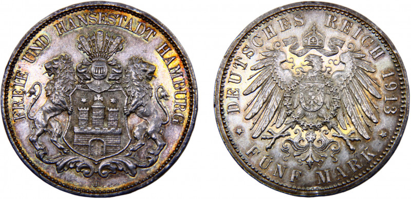 Germany Second Empire Free Hanseatic city of Hamburg 5 Mark 1913 J Hamburg mint ...