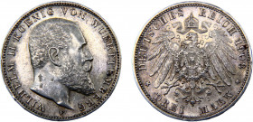 Germany Second Empire Kingdom of Württemberg Wilhelm II 5 Mark 1908 F Stuttgart mint Silver 16.7g KM#635