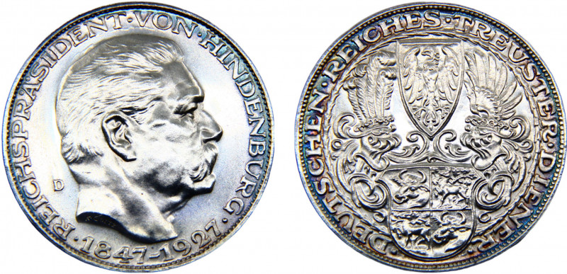Germany Weimar Republic 5 Reichsmark 1927 D Munich mint 80th Birthday of Paul vo...