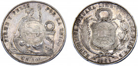 Guatemala Republic 1 Peso 1894 Guatemala City mint Counter, stamped coinage, Peru 1 Sol, 1869 YB Silver 24.96g KM# 224