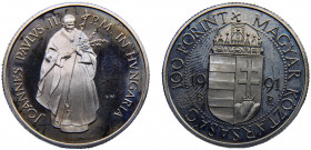 Hungary Republic 100 Forint 1991 BP Budapest mint(Mintage 30000) Papal Visit Nickel-brass 11.86g KM# 682