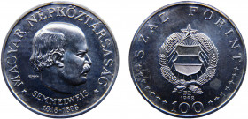 Hungary People's Republic 100 Forint 1968 BP Budapest mint(Mintage 20250) 150th Anniversary, Birth of Semmelweis Silver 28.27g KM# 584